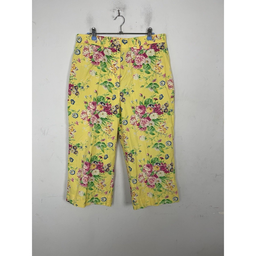 LRL Ralph Lauren Women Pants 14 Yellow Floral Spring Preppy Wide Leg Cropped
